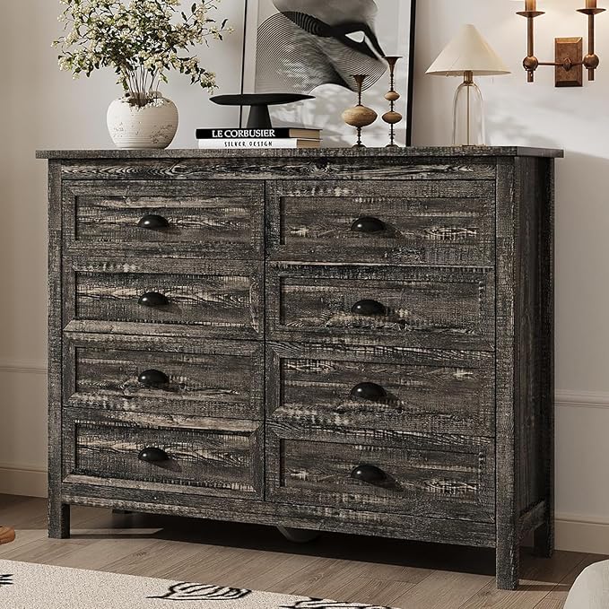 Dresser for Bedroom, Modern Black Dresser with 8 Drawers, Wide Chest of Drawers with Metal Handles,Wood Double Storage Cabinet for Living Room, Bedroom, Hallway