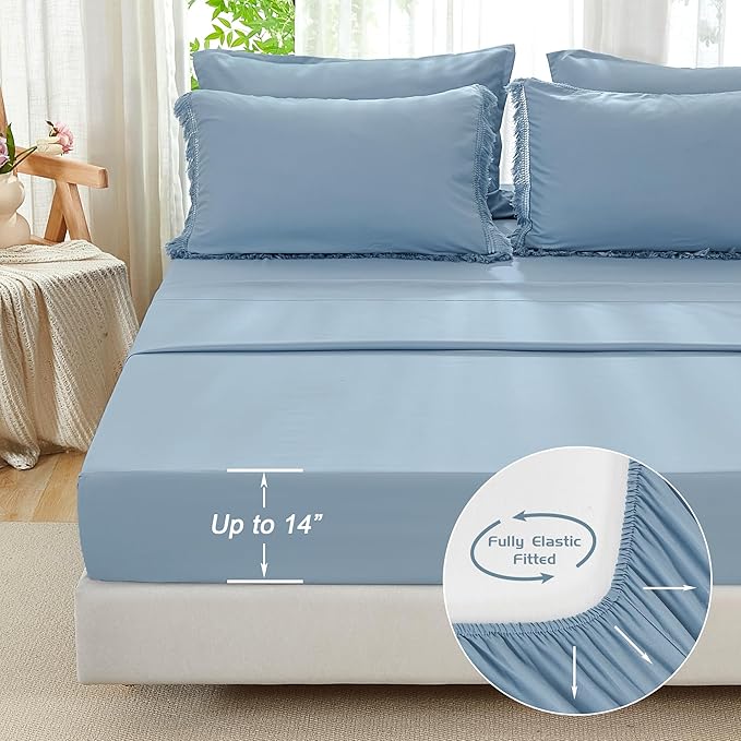 Andency Full Size Comforter Set Grayish Blue -7 Pieces Boho Tassel Bed in a Bag Soft Lightweight Bedding Sets, All Season Fringe Bed Set with Comforter, Sheets, Pillowcases & Shams