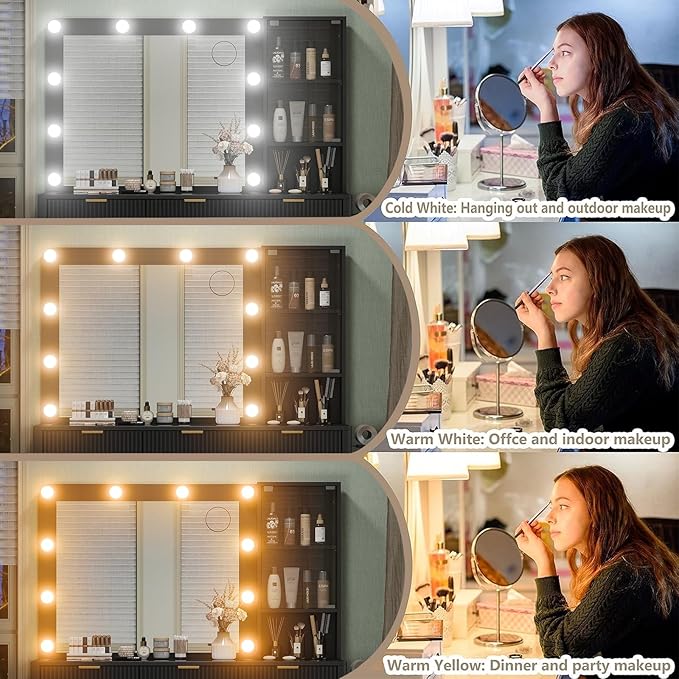 7 Drawers Fluted Vanity Desk with Charging Station, 47'' W Makeup Vanity with LED Lights and HD Mirror, 3 Lighting Modes Adjustable, Glass Top, Vanity Set for Bedroom, Black