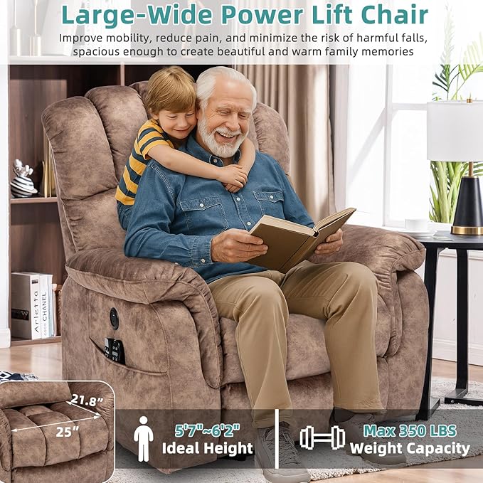 MEETWARM Large Dual Motor Power Lift Chair with Extended Footrest for Big Tall Elderly, Infinite Position Lay Flat Lift Electric Recliner, Heat Massage, Lumbar Pillow, USB & Type-C Ports, Plush Brown