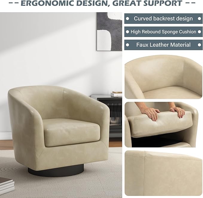 UIXE 360° Swivel Barrel Accent Chair Armchair, Faux Leather Modern Round Club Arm Chair Upholstered Single Sofa Seating Corner Nook Side Reading Seat for Living Room, Office, Bedroom - Cream