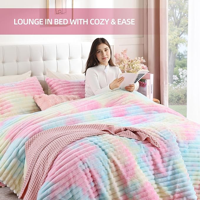 Smoofy Fluffy Full Size Comforter Sets 3 Pieces - Rainbow Fleece Fluffy Comforter Set, Luxury Fuzzy Full Bedding Set, Soft Comforter Full Size All Season, Heavy Faux Fur Comforter with 2 Pillow Cases