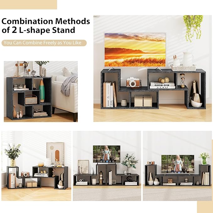 Tangkula 3 Pieces Console TV Stand, Free-Combination Entertainment Center for 50 55 60 65 Inch TV, Minimalist Modern TV Table Media Stand, DIY Open Storage Bookcase for Living Room (Black Wood Grain)