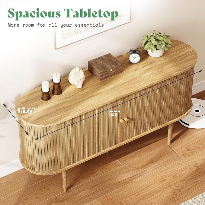 AMERLIFE 55" TV Stand with Solid Wood Legs, Mid Century Modern TV Console with Tambour Door for 80-inch TV, Dust-Proof Storage Cabinet for Living Room, Natural Finish