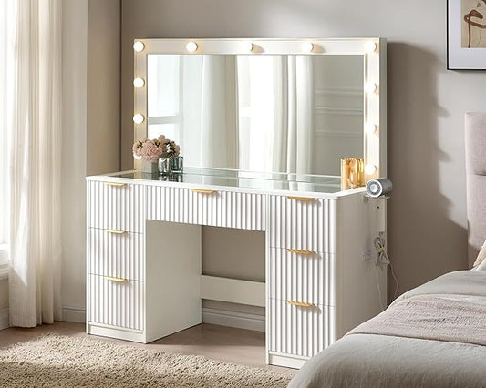 AMERLIFE 47.2" Fluted Vanity Desk with Large Mirror and Adjustable LED Lights, 7 Drawers Makeup Table with Glass Top and Charging Station for Women and Girls, Bedroom or Dorm, White