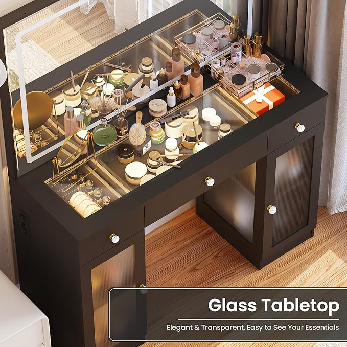 Pamapic Makeup Vanity with Lighted Mirror, Glass Top Vanity Desk with Power Outlet, 3-Drawer Black Vanity Table with 3 Color Modes Adjustment, Makeup Desk