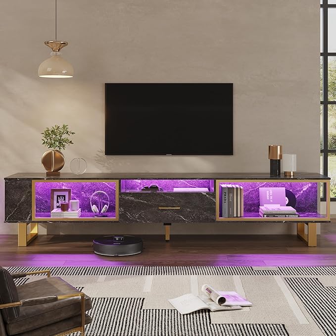 Bestier 80 Inch TV Stand for 65/75/85/90 Inch TVs, LED Gaming Entertainment Center for PS5 with Open Storage and Drawer, Modern High Gloss Media Console for Living Room Bedroom, Black Marble