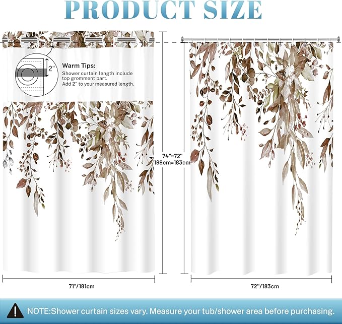 No Hook Shower Curtain with Snap in Liner - Eucalyptus Shower Curtain - Washable Waterproof Inner Liner, Plants Taupe Leaves Modern Shower Curtains - Machine Washable, 71 x 74
