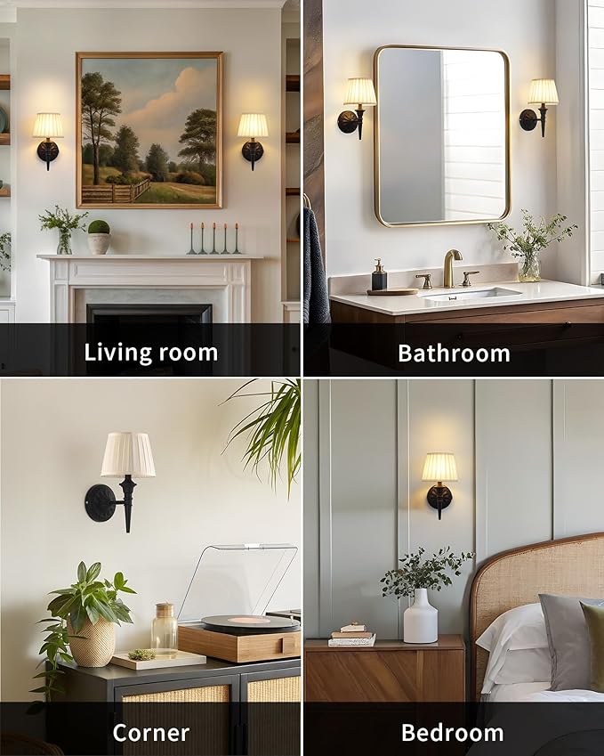 KDG Cordless Wall Sconces Set of 2, Small Wireless 5200mAh Rechargeable Battery Fabric LED Wall Lamps, Portables Lightings for Wall Painting, Living Room, Bedroom, Hallway, Gifts, Night Light (Black)