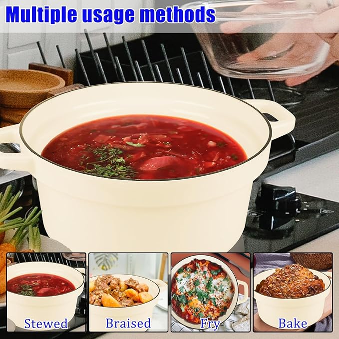 CUKOR 7QT Dutch Oven Pot With Lid, Enameled Cast Iron Dutch Ovens for Sourdough Bread Baking, Non-Stick Ceramic Dutch Oven Cooking Pot, Oven Safe, White (10 Pcs Bread Paper Liners)