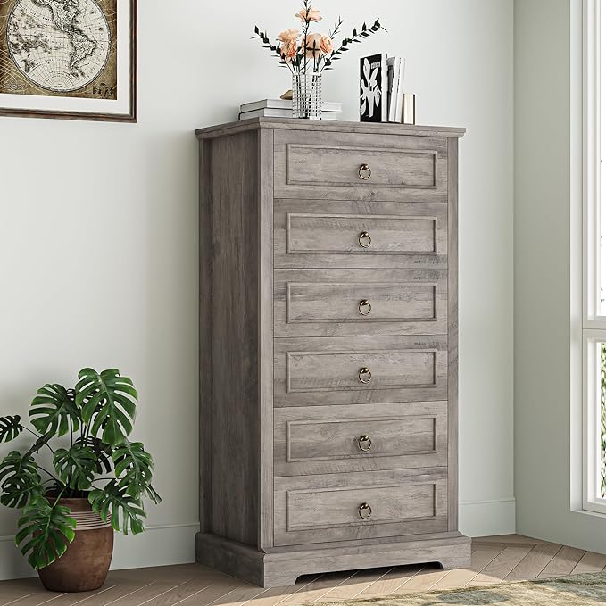 HOSTACK 6 Drawer Dresser for Bedroom, 52" Tall Dresser, Modern Farmhouse Vertical Chest of Drawers for Bedroom, Wooden Closet Chest, Wood Storage Cabinet for Living Room, Hallway, Entryway, Ash Grey