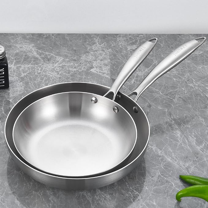 Inqibee 10-12 Inch Tri-Ply Stainless Steel Frying Pans with a Lid,Small Sauté Pan Set,Skillets,Induction Cooking Pans,Pots and Pans Set,Dishwasher and Oven Safe.