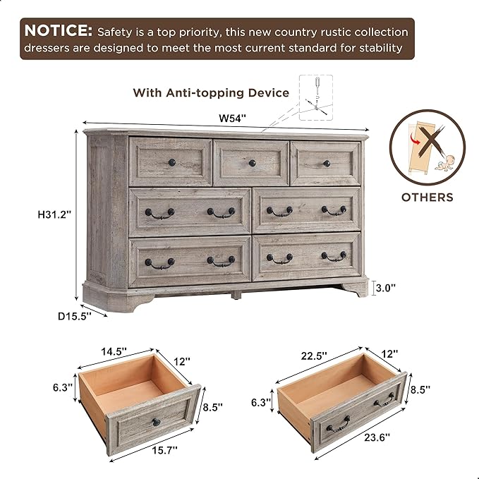 T4TREAM Farmhouse 7 Drawers Dresser for Bedroom, 54" Wide Wood Rustic Chest of Drawers with Natural Texture, Vintage Design, Storage Dressers Organizer for Bedroom, Living Room Light Rustic Oak