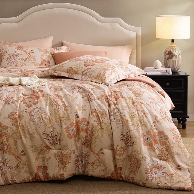 Full Comforter Set -7 Pieces Terrecotta Floral Comforter Set for All Seasons, Bed in a Bag Full with Botanical Flowers Comforter, Sheets, Pillowcases & Shams