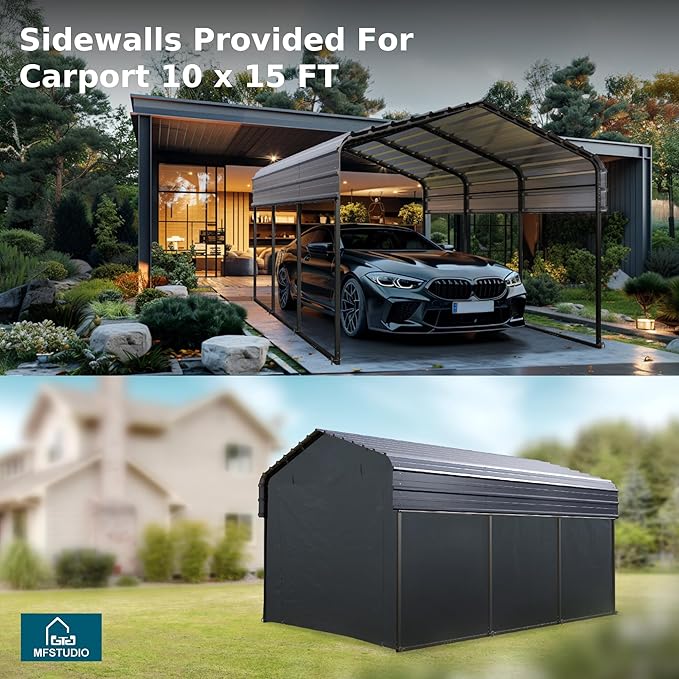 MFSTUDIO Carport 10x15 ft, Outdoor Heavy Duty Carports with Sidewalls, Metal Shed Canopy Shelters Garage Shelter Shade Car Ports with Galvanized Roof for Cars, Truck and Boats