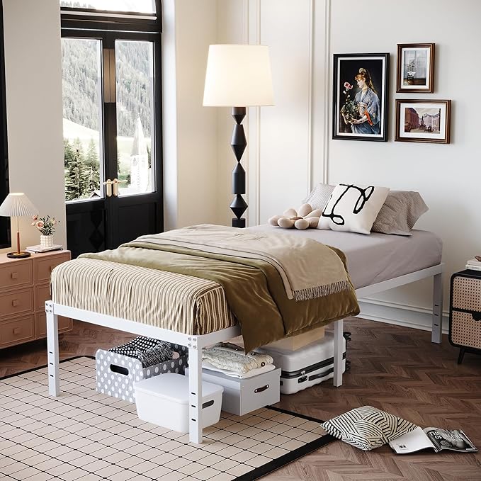 18 Inch Twin Bed Frame Heavy Duty No Box Spring Needed Metal Platform with Maximum Storage, Easy Assembly, Noise Free, White