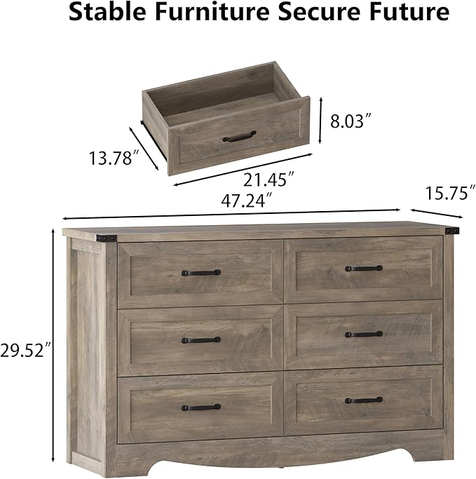 6-Drawer Dresser for Bedroom – 47" Wide Modern Wooden Chest with Natural Wood Texture, TV Stand & Storage, Metal Corner Brackets, Wood Drawer Organizer for Living Room, Hallway