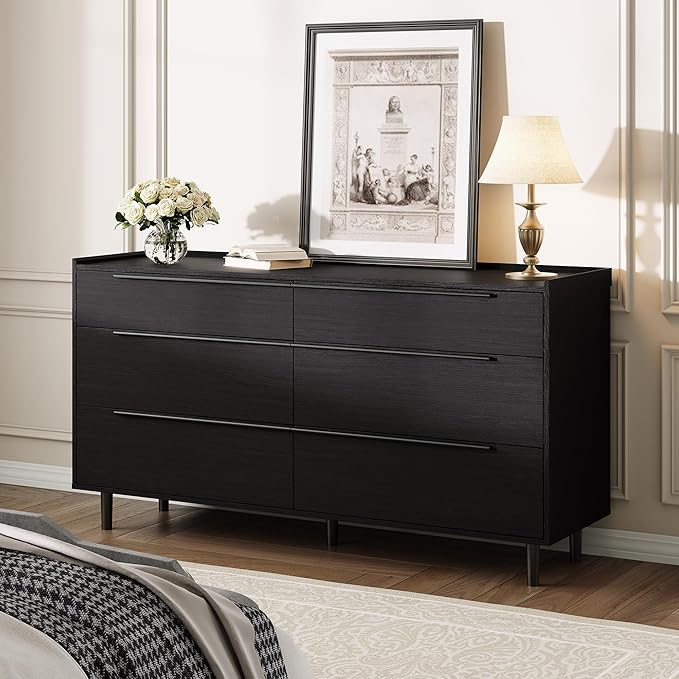 Modern Minimalist 60" Black Dresser for Bedroom, Large 6 Drawer Storage Cabinet with Sleek Metal Handles, Clothes Organizer Chest for Closet, Hallway, or Living Room