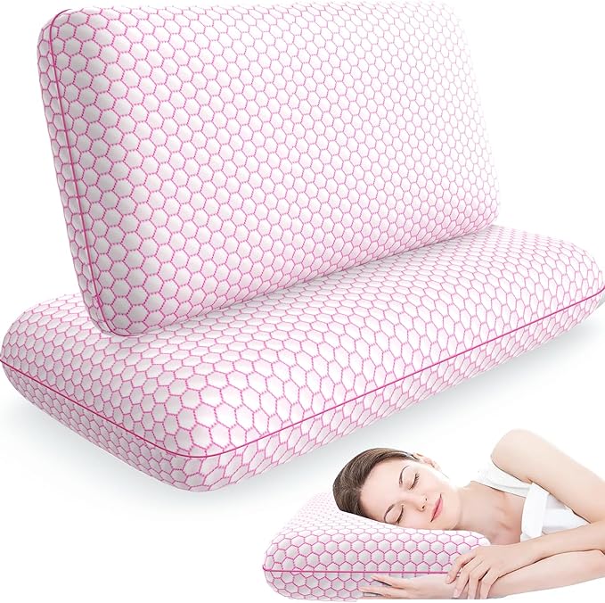 Memory Foam Pillows for Side, Back and Stomach Sleepers, Set of 2, Bed Pillow with Washable Cover and Breathable Mesh, Bed Pillow for Sleeping (Pink，Queen Size)