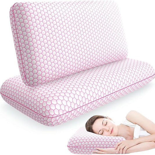 Memory Foam Pillows for Side, Back and Stomach Sleepers, Set of 2, Bed Pillow with Washable Cover and Breathable Mesh, Bed Pillow for Sleeping (Pink，Queen Size)