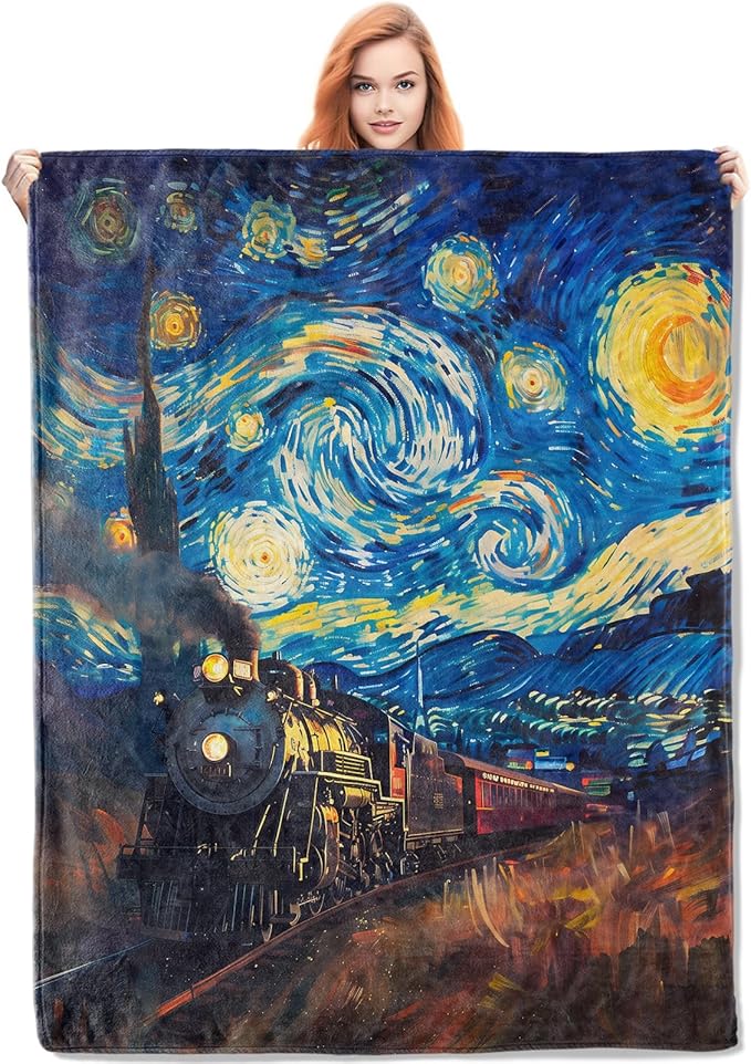 Starry Night Train Flannel Blanket, Train Gifts, Artistic Train Blanket for Women, Soft Lightweight Throw Blankets for Bed Home Travel Decor 40" x 50"
