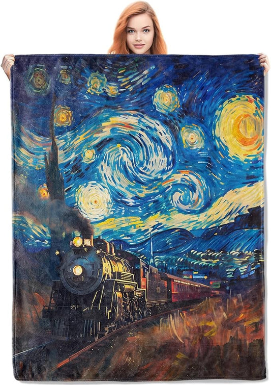 Starry Night Train Flannel Blanket, Train Gifts, Artistic Train Blanket for Women, Soft Lightweight Throw Blankets for Bed Home Travel Decor 60" x 80"