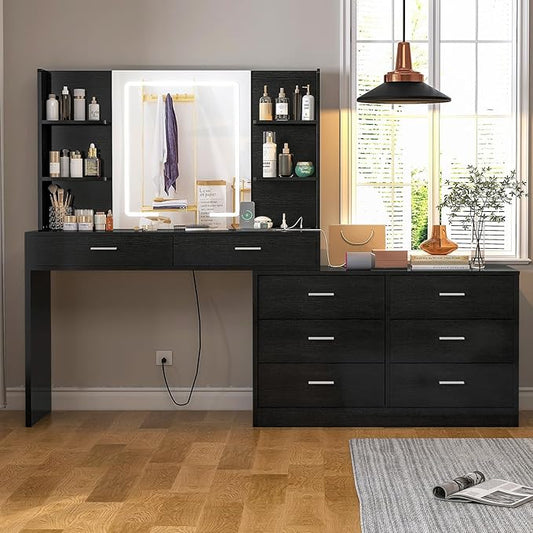 Vanity Makeup Desk with LED Light Mirror & Power Outlet, 8 Drawers, 6 Storage Shelves, 3 Color Modes & Adjustable Brightness Dressing Table, Corner Vanity, L Shape Change, 39.4”Desk, Black