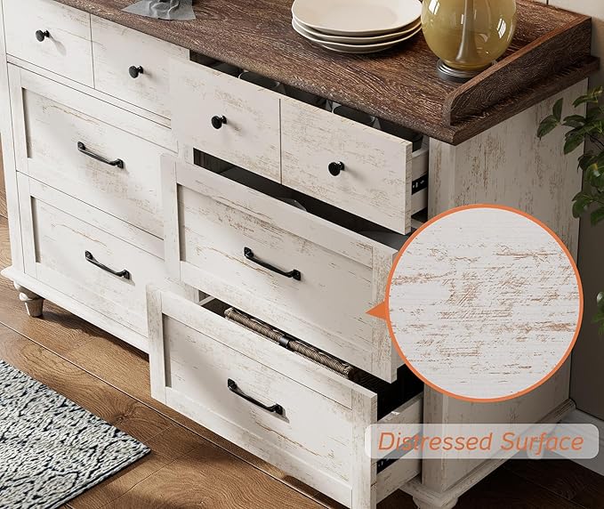 WAMPAT Kids Dresser for Bedroom with 6 Drawers, Rustic White Baby Dresser with Wide Chest of Drawers, Farmhouse Kids Closet Storage Organizer, Wood Dressers for Living Room, Nursery, Hallway