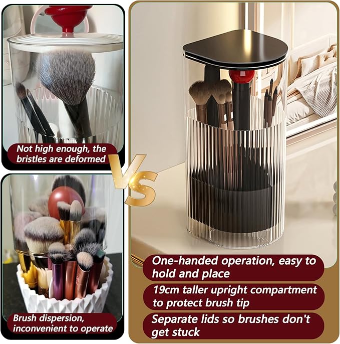 Makeup Brush Holder with Lid, One-Hand Press Open/Close Mechanism Cosmetic Tools Organizer, Clear Waterproof Dustproof Make Up Storage for Vanity, Bathroom Countertop-Black-Red Ball