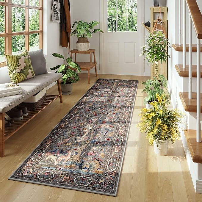 Runner Rug 2x6 Vibrant Tree of Life-Patterned Vintage Kitchen Rugs Non Slip Washable Soft Carpet Runner for Laundry Bedroom Bathroom, Grey