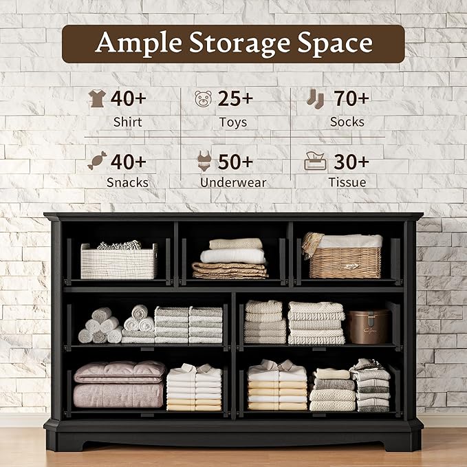 Farmhouse Dresser for Bedroom with 7 Drawer, 48" Wide Rustic Chest of Drawers with Metal Handle, Wood Vintage Dresser TV Stand, Wooden Closet Storage Dressers Organizer for Living Room, Hallway, Black