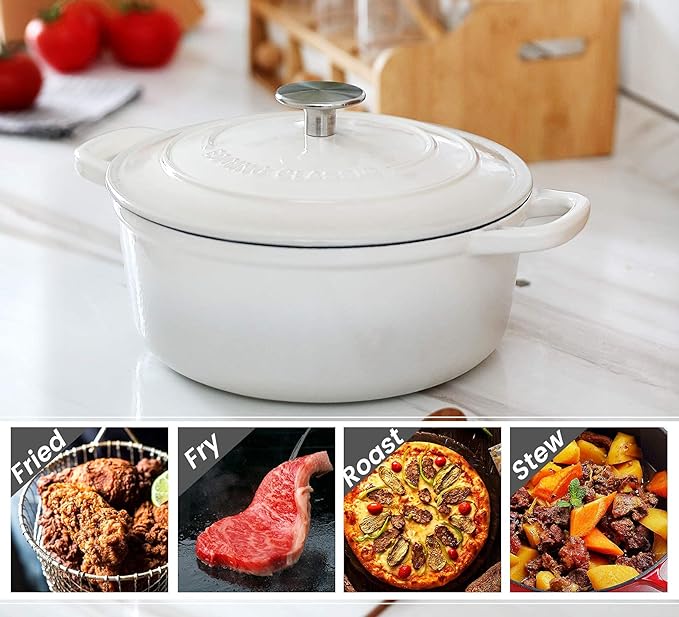 Dutch Ovens Enameled Cast Iron Covered 5.5 Quart Dutch Oven with Dual Handle for Bread Baking, White