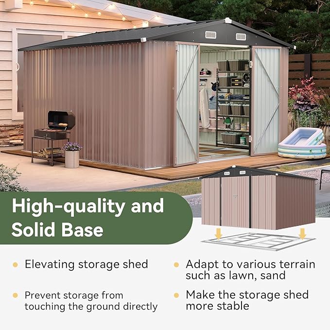 Aoxun 10x10 FT Shed Outdoor Storage Shed with Base, Large Shed Steel Utility Tool Shed Storage House with Door & Lock, Metal Sheds with Sloped Roof for Garden Patio Lawn Poolside, Brown