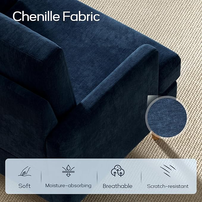 VKNOW Mid-Century Accent Chairs Set of 2, Modern Upholstered Chenille Armchair for Living Room,Comfy Reading Accent Chairs with Wood Legs for Bedroom, Navy Blue