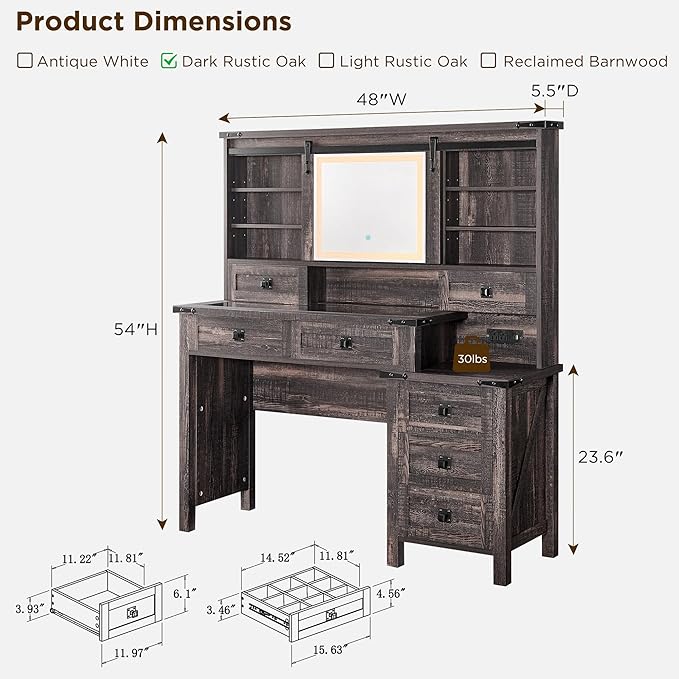 T4TREAM 48'' Farmhouse Makeup Vanity Desk with Sliding HD Mirror and Lights, Big Modern Lighted Vanity Table with 7 Drawers & Shelves, Rustic Large Dressing Table for Bedroom, Dark Rustic Oak