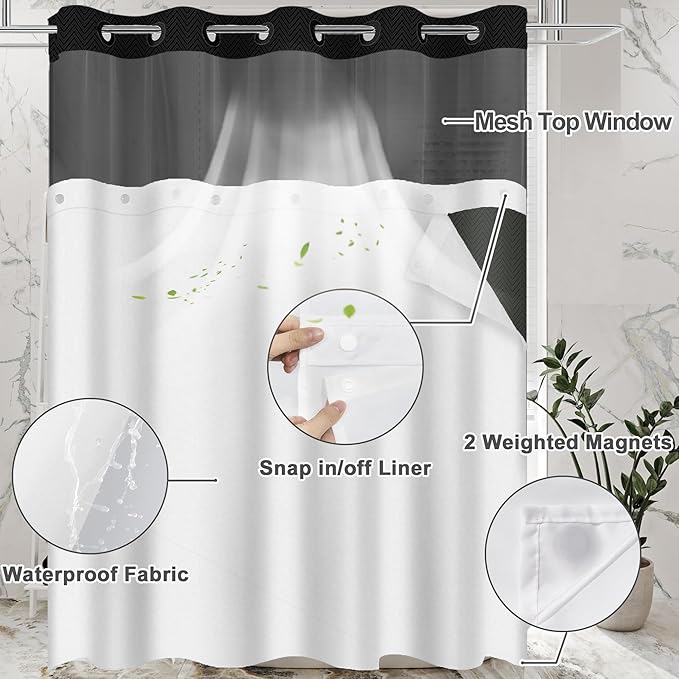 No Hook Shower Curtain with Snap in Fabric Liner Set, Black Chevron Shower Curtain for Bathroom, Washable and Water Repellent, See Through Mesh Top Window, 71x74 Inches