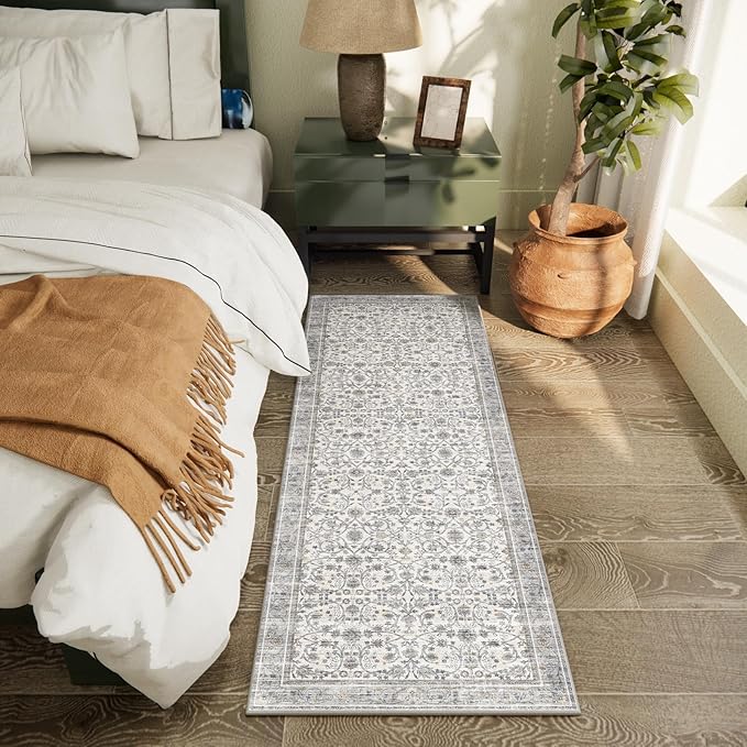 2'x6' Washable Runner Rug Utral Soft Lightweight Vintage Boho Distressed Non-Slip Backing,Low Pile Stain Resistant Farmhouse Rug for High-Traffic Hallway, Kitchen & Laundry