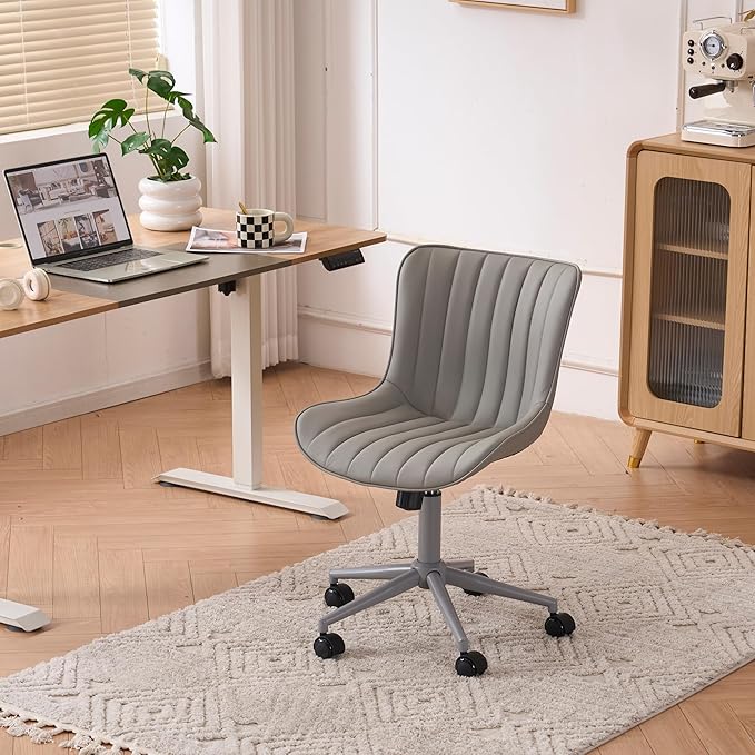 YOUNIKE Home Office Desk Chair with Wheels Armless Vanity Chair with Back Comfy Modern Leather Upholstered Rolling Task Chair Swivel Small Cute Sewing Chair No Arms Wide Adjustable Ergonomic Grey