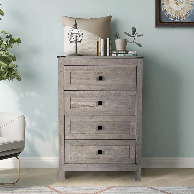 Farmhouse 4 Drawer Dresser for Bedroom, 24" Wide Wood Dresser with Metal Handle for Bed Room, Hallway, Light Grey Rustic Oak