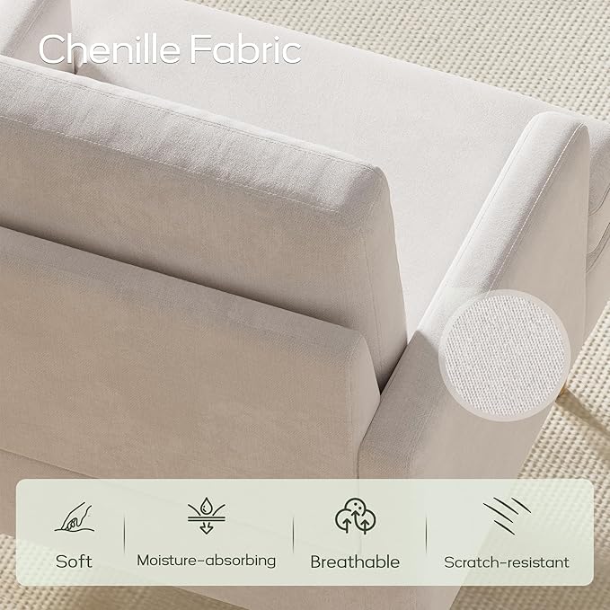 VKNOW Mid-Century Accent Chair, Modern Upholstered Chenille Armchair for Living Room,Comfy Reading Accent Chairs with Wood Legs for Bedroom, Beige