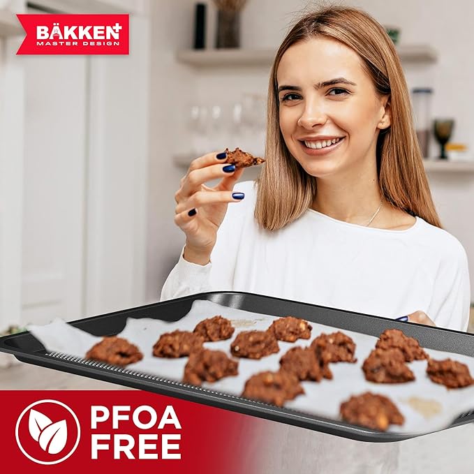 BAKKEN Kitchen Baking Pans - Nonstick Gray Coating, 13.58’’ × 9.65’’ Commercial Grade Carbon Steel Cookie Sheet, Diamond Texture Bottom, PFOA, PFOS, PTFE Free, Oven Safe Tray (450°F), Gray