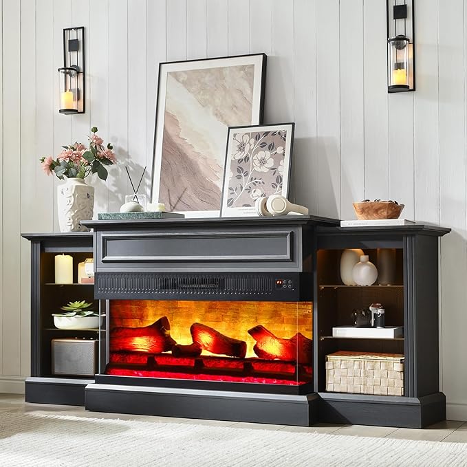 AMERLIFE 70" Farmhouse Electric Fireplace TV Stand, 3-Sided Entertainment Center with Mantel for TVs up to 75", Adjustable Shelves & LED Lights, Antique Black