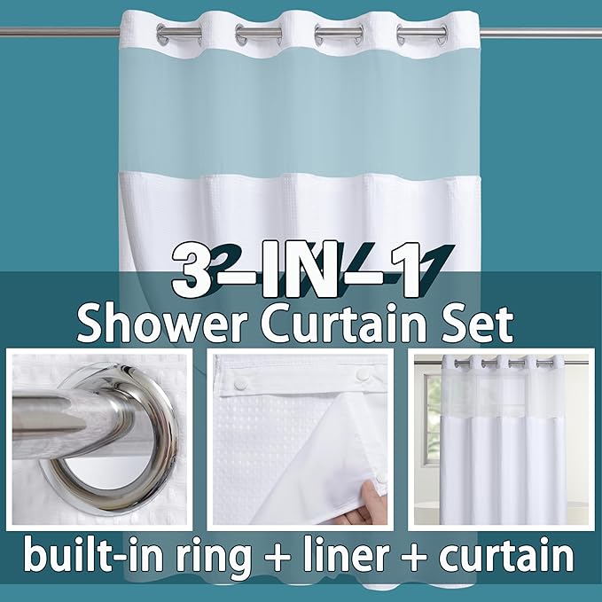 Conbo Mio Stall No Hook Waffle Weave Shower Curtain with Snap in Liner Set, Hotel Luxury White Shower Curtains for Bathroom with See Through Top Window, Waterproof, Washable 54W x 74H