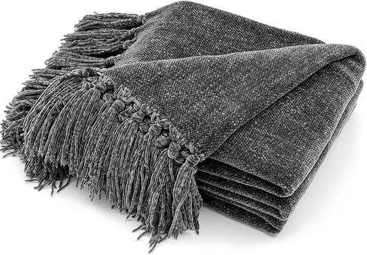 RECYCO Throw Blanket Soft Cozy Chenille Throw Blanket with Fringe Tassel for Couch Sofa Chair Bed Living Room Gift (Dark Gray, 60" x 80")