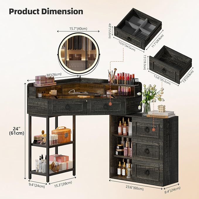 Corner Vanity Desk with Rotating Mirror and Lights,Glass Top Makeup Vanity with Human Body Senor&Charging Station,LED Vanity Table Set with 5 Drawers and Shelves for Bedroom