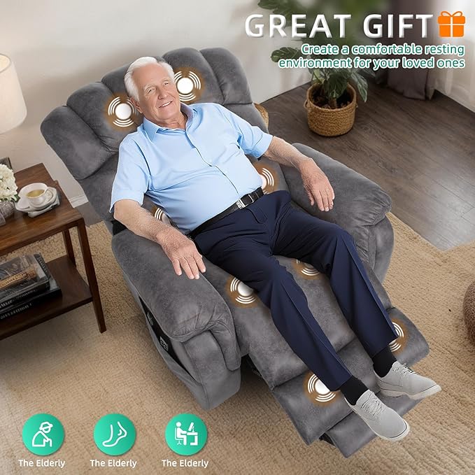 VIVIJASON Tall Man Large Dual Motor Power Lift Recliner Chair with Extended Footrest, Overstuffed Lay Flat Sleeper Electric Recliner W/Heat & Massage, Lumbar Pillow, USB & Type-C Ports, Gray