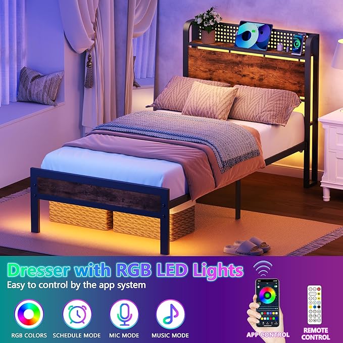 Furnulem Bed Frame Twin Size with LED Lights & Charging Station,Bedframe with Wood Storage Headboard,Metal Platform Bed with Under Storage,USB Port,Strong Metal Slats,No Box Spring Needed