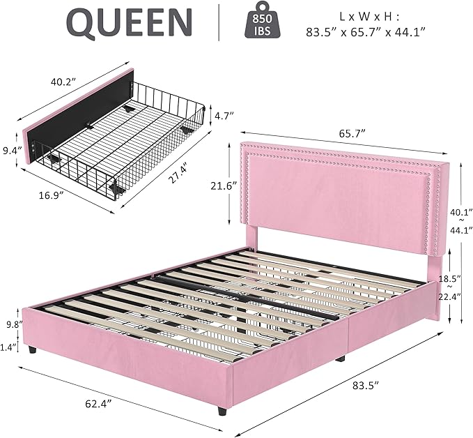 VECELO Queen Size Upholstered Platform Bed Frame with 4 Storage Drawers, Adjustable Velvet Rivets Headboard, Wooden Slats Support, No Box Spring Needed, Easy Assembly