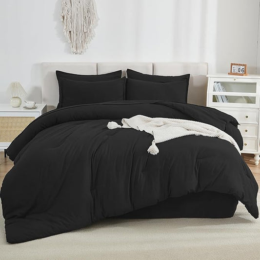 Litanika Oversized King Comforter Sets Black - 7 Pieces Bed in a Bag Oversized King Bedding Comforter Sets, Solid Lightweight Bed Set with Comforter, Sheets, Pillowcases & Shams