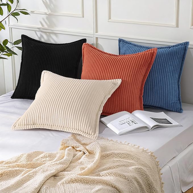 Mecatny Corduroy Throw Pillow Covers 18x18 Set of 2, Neutral Decorative Soft Boho Couch Pillow Covers with Broadside for Sofa Living Room, Black